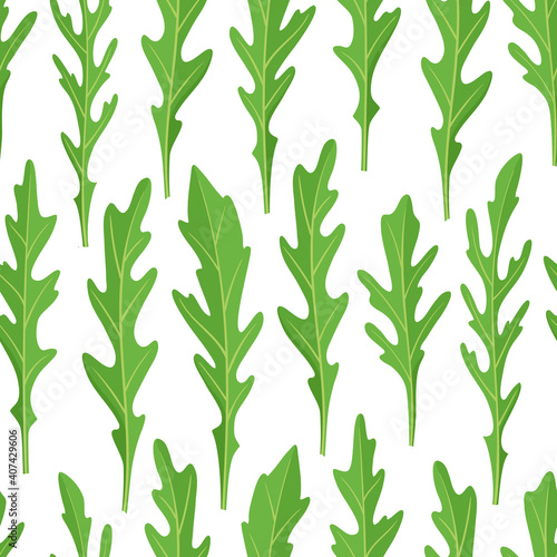 Fototapeta Naklejka Na Ścianę i Meble -  Cartoon bright seamless pattern with leaves of arugula on white