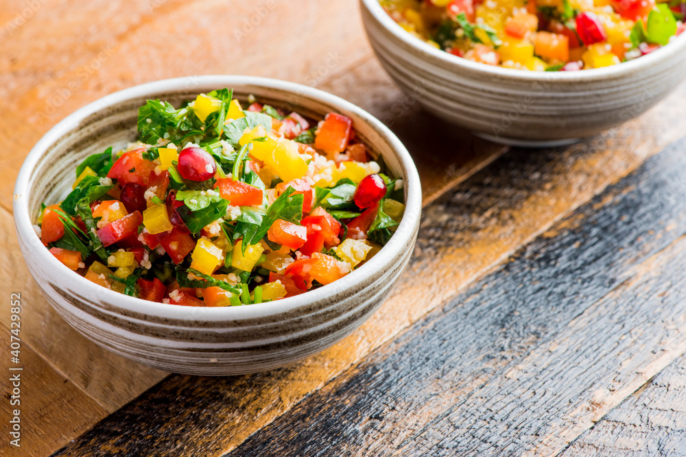 Mediterranean Mezze Salad. A Mediterranean classic Israeli salad made with sweet bell peppers, fresh mint, feta cheese and dressed with olive oil, lemon, and salt and pepper. Mediterranean Mezze Salad. A Mediterranean classic Israeli salad made with sweet bell peppers, fresh mint, feta cheese and dressed with olive oil, lemon, and salt and pepper.