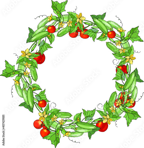 Round frame with growing tomatos and cucumbers. Festive floral circle for your season design.