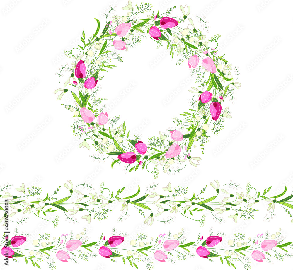 Round frame with pretty pink tulips and snowdrops. Festive floral circle for your season design.