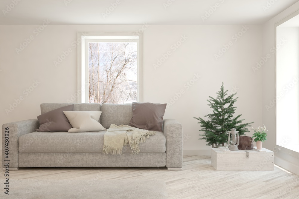Fototapeta premium White living room with sofa and winter landscape in window. Scandinavian interior design. 3D illustration