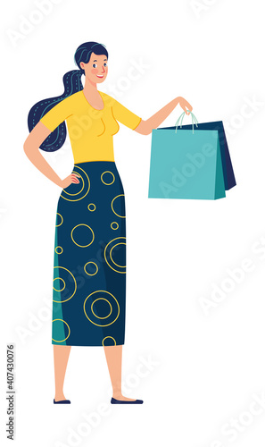 Buyer. Woman with packages from the store. Vector illustration.