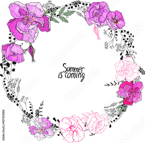 Round frame with pretty pink roses and modest wild herbs. Festive floral circle for your season design.