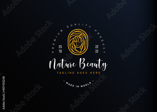 Hair salon logo design. Vector illustration of lady with abstract hair monoline design. Vintage logo design vector line icon template