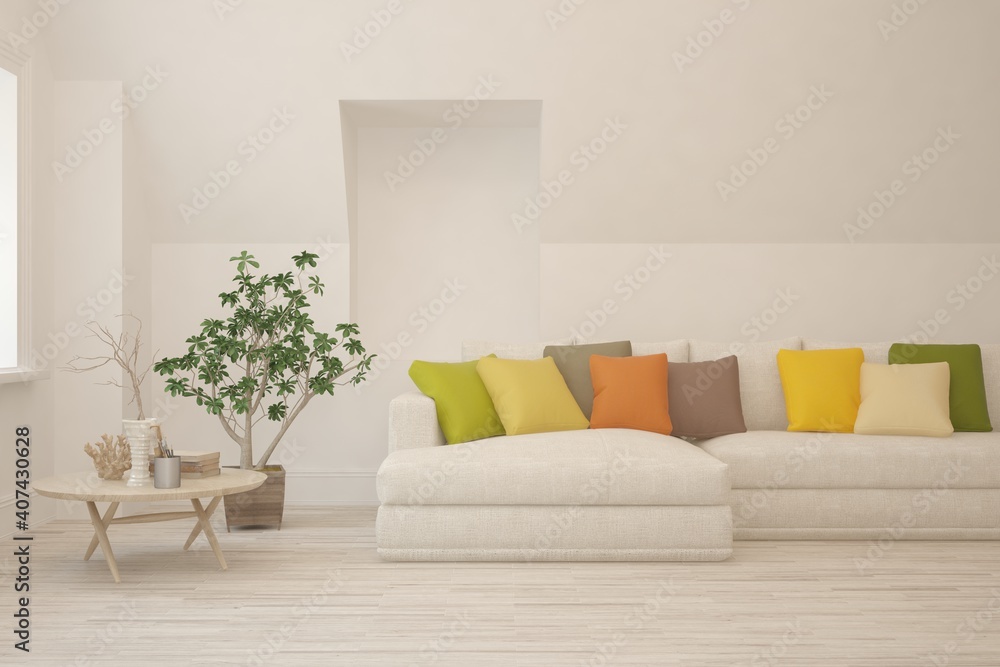 White living room with sofa. Scandinavian interior design. 3D illustration White living room with sofa. Scandinavian interior design. 3D illustration