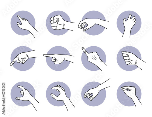 Hand pointing and grabbing gestures. Vector illustrations of hand poses and actions of showing direction, pointing the way, and taking things.