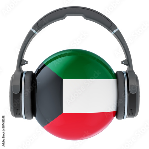 Headphones with Kuwaiti flag, 3D rendering
