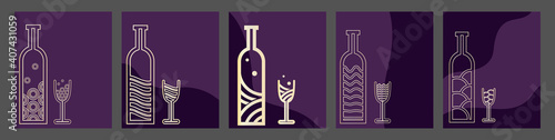 set of wine cards drawn in minimalistic retro style. perfect for printing menus, corporate identity, packaging, business 