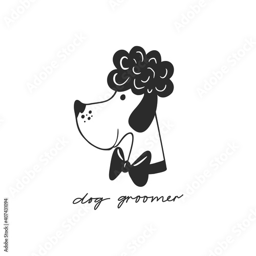 Dog groomer lettering with cute dog. Vector design element for logo, business card on white background