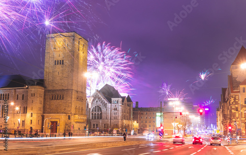 New Year's eve celebration with the fireworks. Poznan, Poland