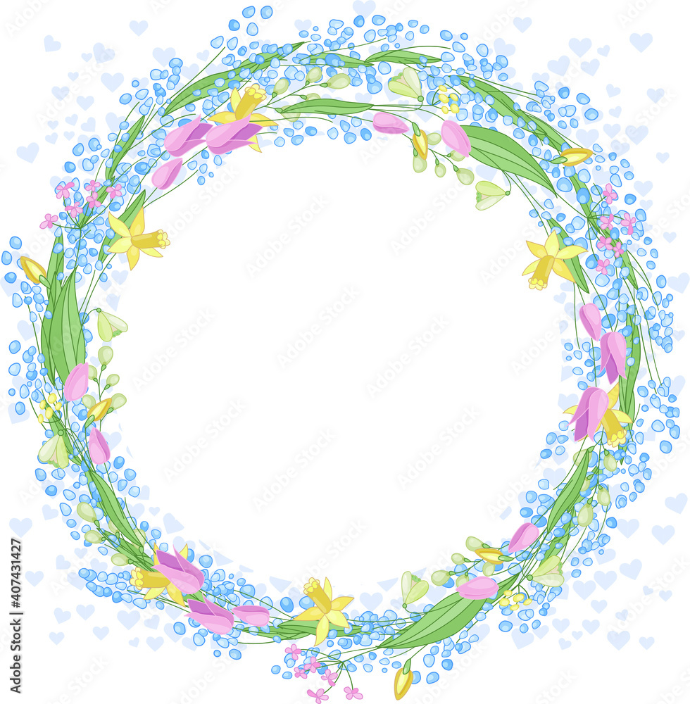 Round frame with pretty tulips,daffodils and muscari. Festive floral circle for your season design.