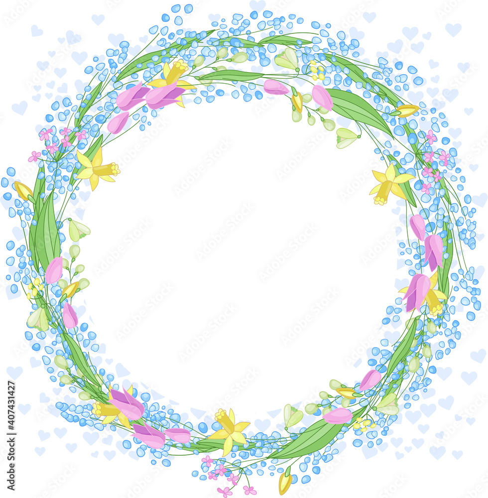 Round frame with pretty tulips,daffodils and muscari. Festive floral circle for your season design. Round frame with pretty tulips,daffodils and muscari. Festive floral circle for your season design.