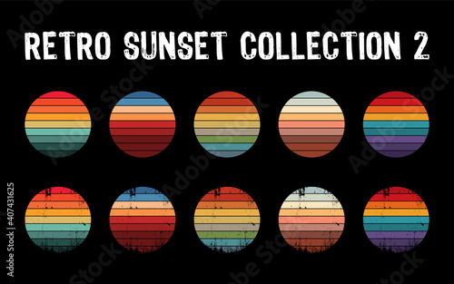Vintage sunset collection in 70s 80s style. Regular and distressed retro sunset set. Five options with textured versions. Circular gradient background. T shirt design element. Vector illustration,flat © Tasha Vector