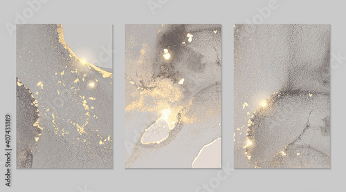 Silver grey and gold stone marble pattern with glowing lights. Abstract vector background in alcohol ink technique. Modern paint with glitter. Set of templates for banner, poster design. Fluid art