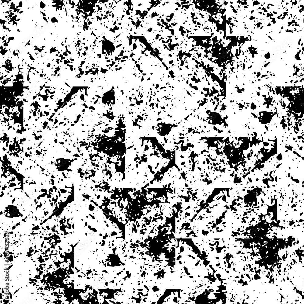 Grunge block print style geometric texture. Seamless vector pattern background with paint spatter. Monochrome organic textural backdrop repeat. Scattered irregular shapes, faded layered effect.