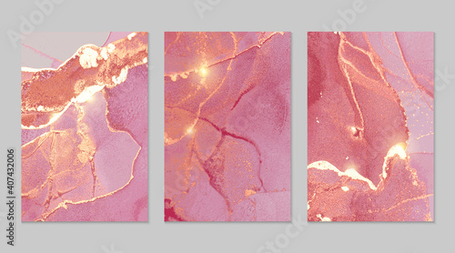 Pink and gold pattern with texture of marble and sparkles. Abstract vector background in alcohol ink technique. Modern paint with glitter. Set of templates for banner, poster design. Fluid art