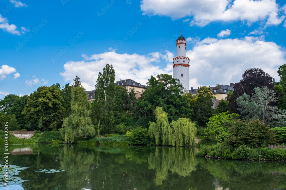View over the pond in the castle park to the castle in Bad Homburg / Germany in the Taunus