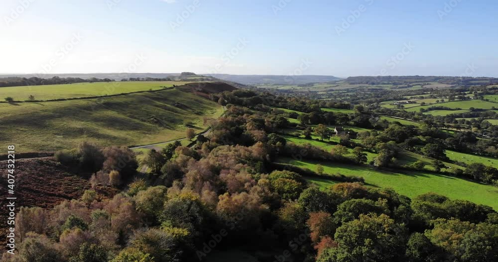 Aerial rising sideways shot of the Otter Valley from Hartridge Hill, Devon, England. UK Aerial rising sideways shot of the Otter Valley from Hartridge Hill, Devon, England. UK