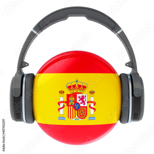 Headphones with Spanish flag, 3D rendering