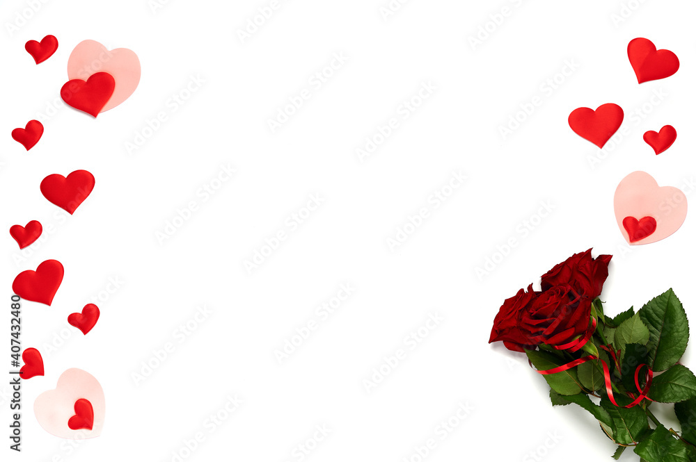 Happy Valentines day. Bunch of roses and many different colored hearts on white isolated background