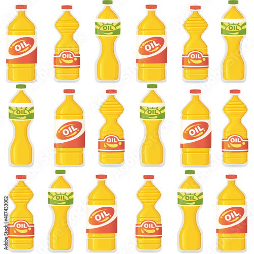 Seamless pattern of assorted bottles with vegetables oil vector illustration on white background