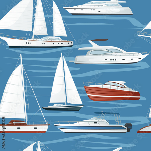 Seamless pattern of modern motor yacht boat with sails and motors vector illustration on blue background