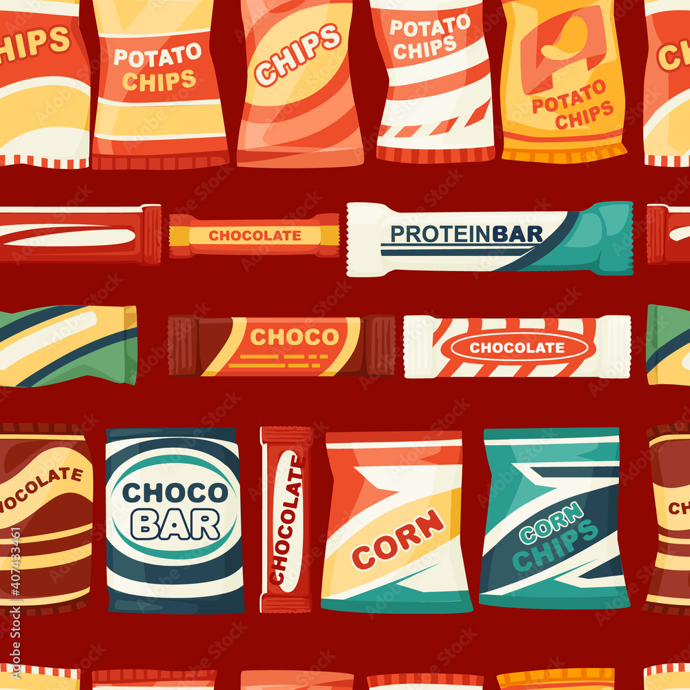 Snack product seamless pattern for vending machine fast food chips and chocolate bars vector illustration on red background