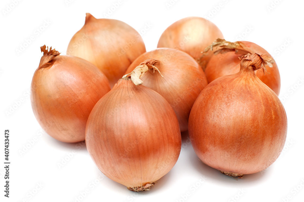 Group of onions on white background