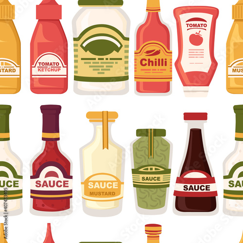 Seamless pattern of different sauces in glass bottles mayonnaise ketchup wasabi mustard vector illustration on white background