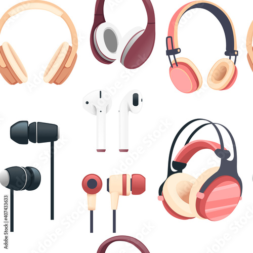Seamless pattern of different headphones wireless and wired vector illustration on white background