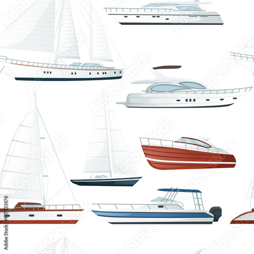 Seamless pattern of modern motor yacht boat with sails and motors vector illustration on white background