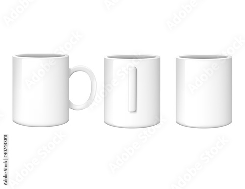 White ceramic mug from different sides realistic vector illustration on white background