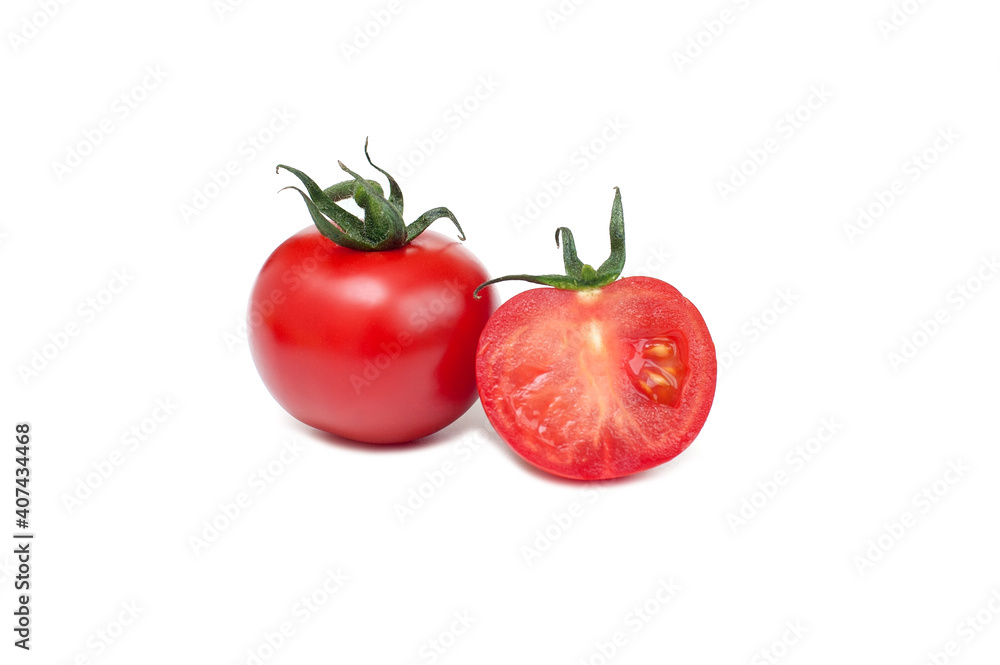 Fresh red tomatoes and tomato cut in half on white background Fresh red tomatoes and tomato cut in half on white background