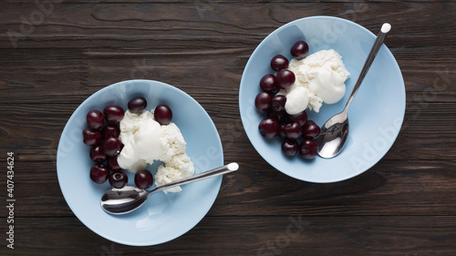 Cherry with cottage cheese for breakfast, top view photo