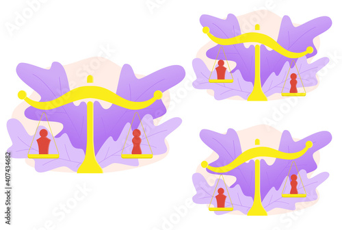 Gender equality and inequality concept. Gender symbols balance on the scales. Symbols of men and women at the same and at different heights. Sign of equal and unequal pay, wages, justice, emancipation