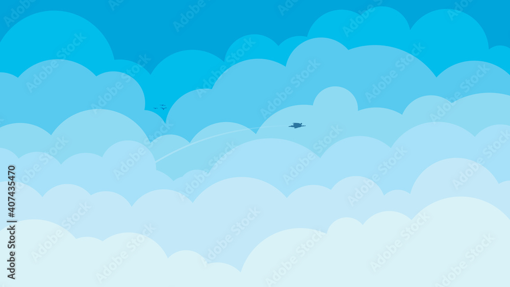 Cartoon blue sky with white clouds background illustration.