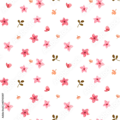 Seamless pattern with cherry or apricot flowers on a white background. Cute watercolor print with simple pink flowers and leaves. 