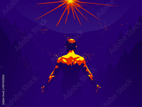 Strong muscular man back vector illustration, philosophical concept of mindfulness and self actualization, spiritual practices, man in search of himself.
