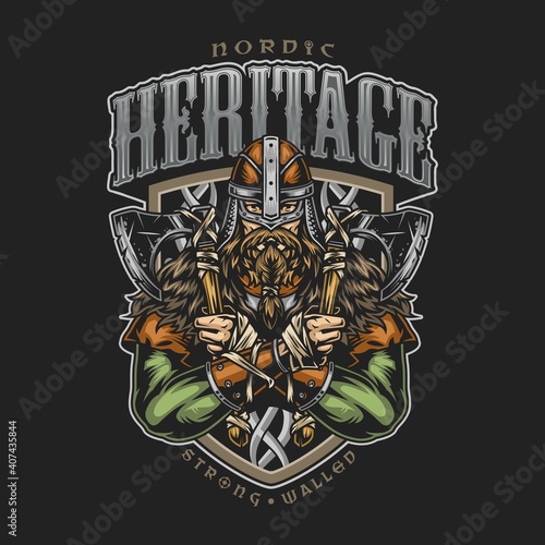 Medieval nordic warrior vintage colorful label