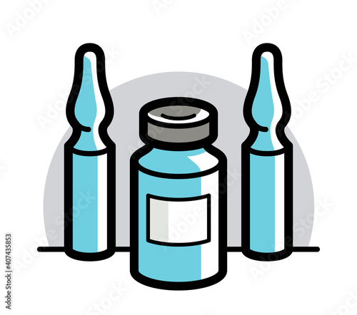 Vaccination theme vector illustration of a ampules isolated over white, epidemic or pandemic coronavirus covid 19 or flu or SARS or any other vaccine, pharmacology concept.