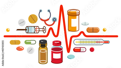 Heartbeat cardiology theme medical drugs and different medicine composition, vector flat style illustration isolated over white, ECG with a lot of elements, can be used separately, big set.