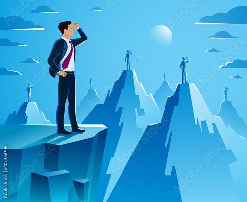 Businessman looking for opportunities standing on top peak of mountain business concept vector illustration, successful young handsome business man searches new perspectives.