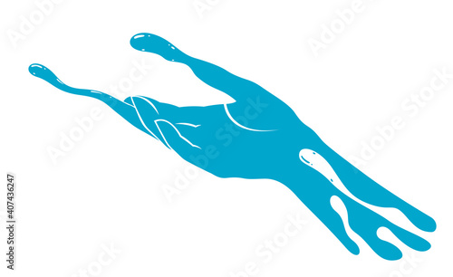 Woman hand made of water vector logo or emblem isolated on white background, mother nature, biology and life, giving water for life, skin health and moisturizing regeneration.