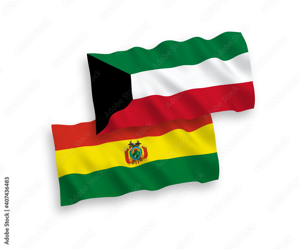 National vector fabric wave flags of Bolivia and Kuwait isolated on white background. 1 to 2 proportion. National vector fabric wave flags of Bolivia and Kuwait isolated on white background. 1 to 2 proportion.
