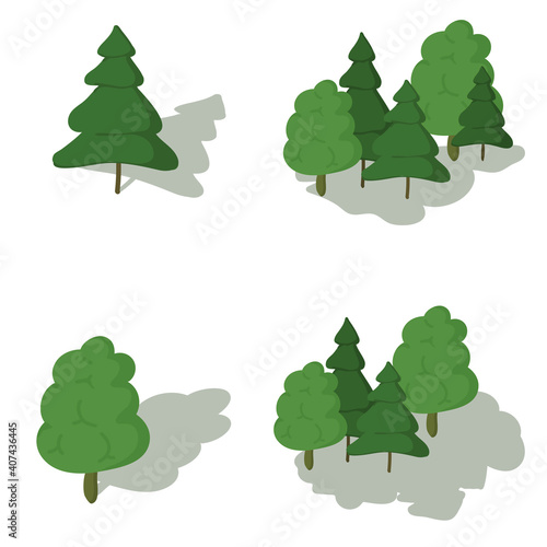 Variety of hand drawn deciduous and coniferous  trees illustration set with a shadow 