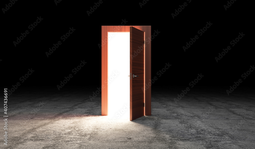 Opened Door with portal on concrete floor with light effect
