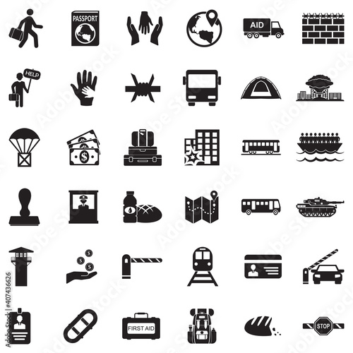 Refugee Icons. Black Flat Design. Vector Illustration.