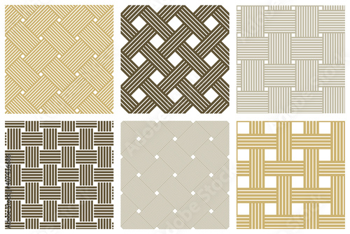 Seamless vector weaving patterns set, linear backgrounds with crossed lines, textile knitted repeat tiling wallpapers, perfect simplistic minimal designs.