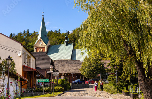Fototapeta Naklejka Na Ścianę i Meble -  Panoramic view of central market square of historic royal open-air museum town of Lanckorona in mountain region of Lesser Poland