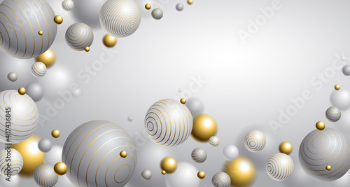 Abstract spheres vector background with blank copy space, composition of flying balls decorated with lines, 3D mixed realistic globes, realistic depth of field effect.